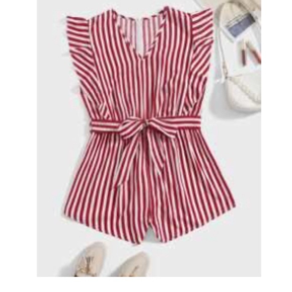 SHEIN Red and White Striped Tie-Waist Romper